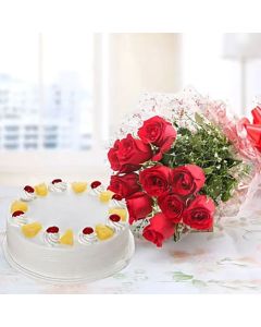 Red Roses and Pineapple Cake Combo