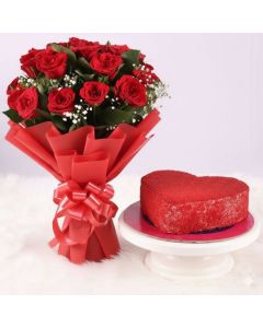 Red Roses and Red Velvet Heart Cake Combo